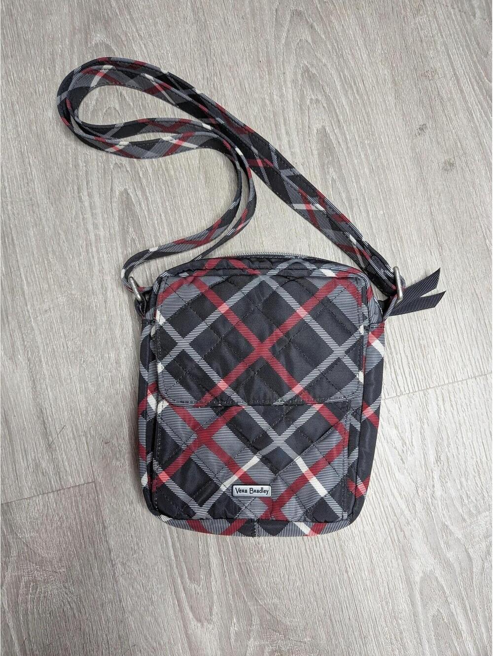 Vera Bradley Crossbody Bag Womens Small Black Plaid Quilted Zip Strap Purse